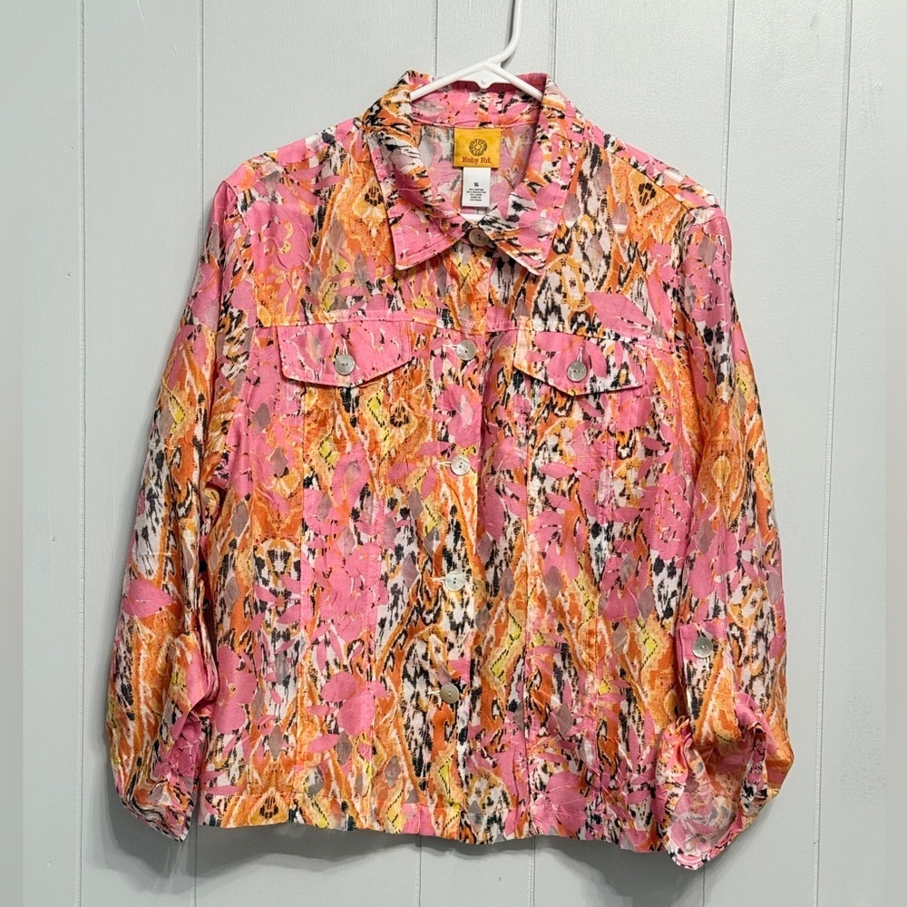 #14)  Ruby Rd. Pink and Orange Patterned Sheer shirt with Roll Up sleeve